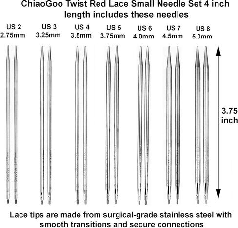 ChiaoGoo Twist Red Lace 4-Inch Small 7400-S Interchangeable Circular Knitting Needle Set, Sizes US 2, 3, 4, 5, 6, 7, 8, Stainless Steel with 3 Cords Bundle with 1 Artsiga Crafts Project Bag in Saudi Arabia