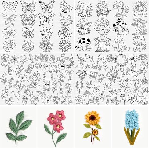 32+68 Pcs Water Soluble Stabilizer for Embroidery Patterns Transfers Stick and Stitch Embroidery Designs Paper Wash Tear Away Embroidery Stabilizer Stickers Hand Sewing Lover with Flowers and Leaves in Kuwait