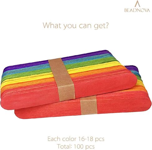 BEADNOVA Colored Popsicle Sticks Colored Craft Sticks Natural Wood Craft Sticks Treat Sticks Wooden Popsicle Sticks for DIY Craft Projects (4.5 Inch, 100 Piece, Mix Color) in Kuwait