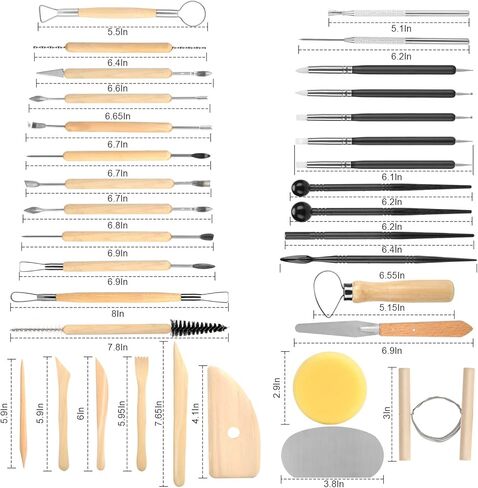 مجموعة أدوات الطين من بليستيم، 34 قطعة، أداة نحت الفخار، مقبض خشبي من الفخار in Kuwait