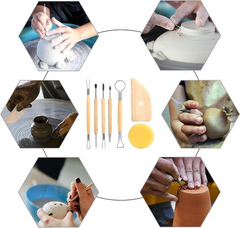 مجموعة أدوات الطين من بليستيم، 34 قطعة، أداة نحت الفخار، مقبض خشبي من الفخار in Kuwait
