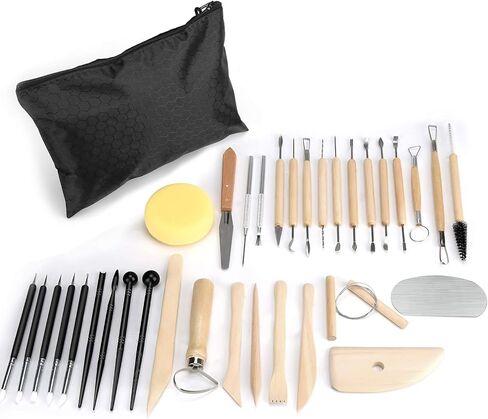 مجموعة أدوات الطين من بليستيم، 34 قطعة، أداة نحت الفخار، مقبض خشبي من الفخار in Kuwait