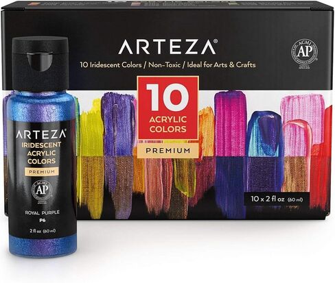 ARTEZA Iridescent Acrylic Paint Set of 10 Dreamer Colors Bottles, Shimmer Water-Based Artist Paints, Art Supplies for Canvas, Wood, Rocks, Fabrics in Kuwait