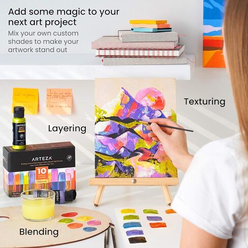 ARTEZA Iridescent Acrylic Paint Set of 10 Dreamer Colors Bottles, Shimmer Water-Based Artist Paints, Art Supplies for Canvas, Wood, Rocks, Fabrics in Kuwait