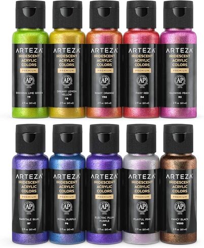 ARTEZA Iridescent Acrylic Paint Set of 10 Dreamer Colors Bottles, Shimmer Water-Based Artist Paints, Art Supplies for Canvas, Wood, Rocks, Fabrics in Kuwait