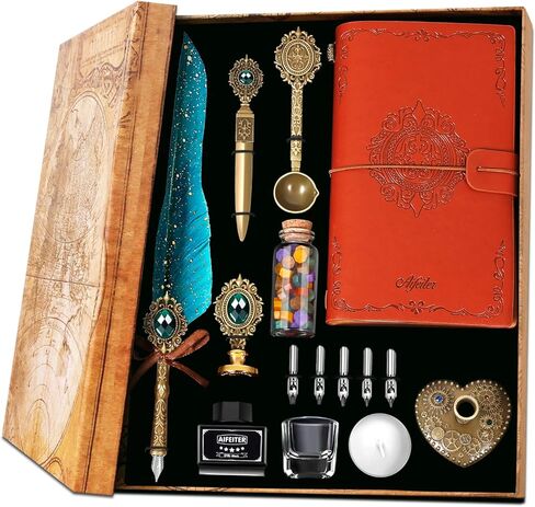 Aifeiter Feather Calligraphy Pen Set,Quill Pen and Ink Set,Feather Pen Ink Set,Notebook Quill Pen and Ink Set,Wax Seal Stamp Set,Beautiful Gift Calligraphy Set,Christmas Gifts-Blue in Saudi Arabia
