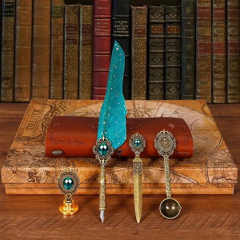 Aifeiter Feather Calligraphy Pen Set,Quill Pen and Ink Set,Feather Pen Ink Set,Notebook Quill Pen and Ink Set,Wax Seal Stamp Set,Beautiful Gift Calligraphy Set,Christmas Gifts-Blue in Saudi Arabia