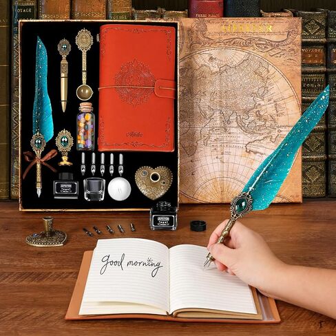 Aifeiter Feather Calligraphy Pen Set,Quill Pen and Ink Set,Feather Pen Ink Set,Notebook Quill Pen and Ink Set,Wax Seal Stamp Set,Beautiful Gift Calligraphy Set,Christmas Gifts-Blue in Saudi Arabia