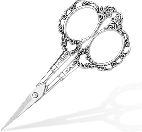 Embroidery Scissors, Sewing Scissor Sharp Tip Stainless Steel, Vintage European Design Scissors with Tassel,Thimble, DIY Tools Dressmaker Shears for Fabric, Embroidery, Needlework(Silver) in Kuwait