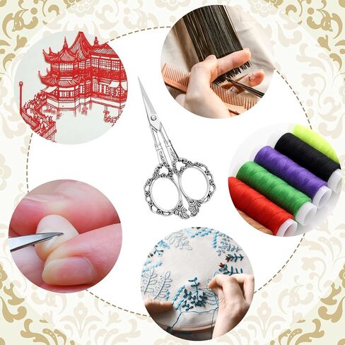 Embroidery Scissors, Sewing Scissor Sharp Tip Stainless Steel, Vintage European Design Scissors with Tassel,Thimble, DIY Tools Dressmaker Shears for Fabric, Embroidery, Needlework(Silver) in Kuwait