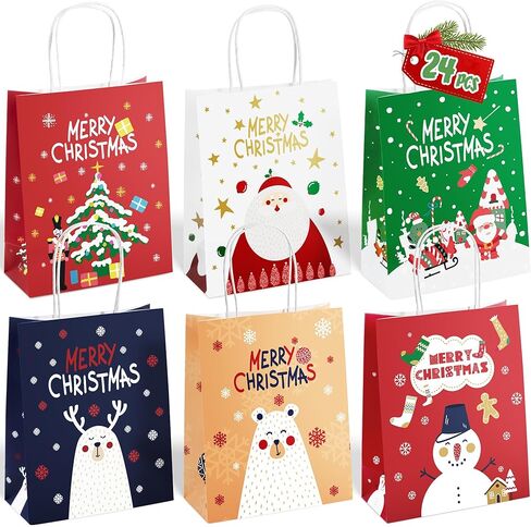24 قطعة من أكياس هدايا عيد الميلاد الورقية من ILEBYGO بتصميمات متنوعة، 3 أحجام من أكياس هدايا عيد الميلاد مع مقابض لمستلزمات حفلات عيد الميلاد والفصول المدرسية (8 جامبو، 8 كبيرة، 8 متوسطة) in Kuwait