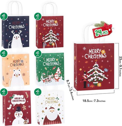 24 قطعة من أكياس هدايا عيد الميلاد الورقية من ILEBYGO بتصميمات متنوعة، 3 أحجام من أكياس هدايا عيد الميلاد مع مقابض لمستلزمات حفلات عيد الميلاد والفصول المدرسية (8 جامبو، 8 كبيرة، 8 متوسطة) in Kuwait