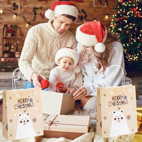 24 قطعة من أكياس هدايا عيد الميلاد الورقية من ILEBYGO بتصميمات متنوعة، 3 أحجام من أكياس هدايا عيد الميلاد مع مقابض لمستلزمات حفلات عيد الميلاد والفصول المدرسية (8 جامبو، 8 كبيرة، 8 متوسطة) in Kuwait