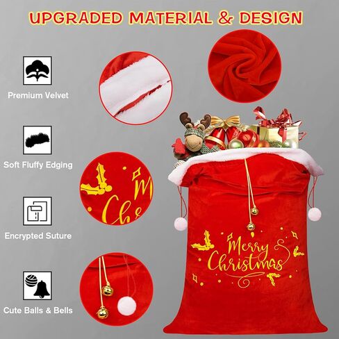 أكياس هدايا عيد الميلاد الكبيرة من GIFTU، أكياس سانتا برباط، حقائب عيد ميلاد سعيد، أكياس تغليف ضخمة كبيرة باللون الأحمر المخملي لهدايا عيد الميلاد، قابلة لإعادة الاستخدام مقاس 25 × 36 بوصة، حقائب هدايا لعيد الميلاد in Kuwait