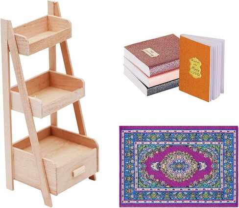 6Pcs Dollhouse Furniture Accessories, 1/12 Dollhouse Decoration Wooden Bookshelf, Miniature Carpet Turkey Rugs and 4Pcs Mini Books for Kids Gift in Kuwait