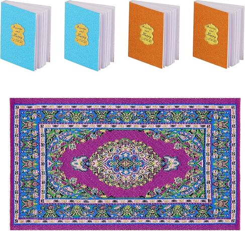6Pcs Dollhouse Furniture Accessories, 1/12 Dollhouse Decoration Wooden Bookshelf, Miniature Carpet Turkey Rugs and 4Pcs Mini Books for Kids Gift in Kuwait