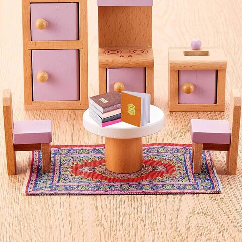 6Pcs Dollhouse Furniture Accessories, 1/12 Dollhouse Decoration Wooden Bookshelf, Miniature Carpet Turkey Rugs and 4Pcs Mini Books for Kids Gift in Kuwait
