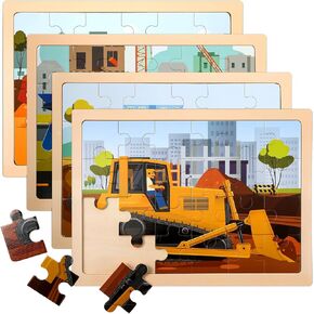 Wooden Vehicle Puzzles for Kids Age 3 4 5 Year Old, 4 Pack 24 Pcs Montessori Toddler Jigsaw Puzzles for Girl boy Activities Preschool Learning Educational Birthday Gift Travel Autistic Wooden Toys