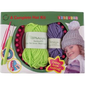 BambooMN JubileeYarn Loom Knitting Pattern Kit for Beginners - Kids Winter Hat Set - Green Winter Hat & Purple Pompom