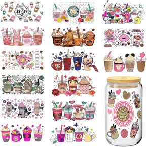 UV DTF Cup Wrap Transfer Stickers for Glass, 15 Sheets Cup Rub on Transfers for Crafting Cup Decal Stickers for 16OZ Libbey Glass Cups Furniture Craft Wood DIY Crafts (Style 1)