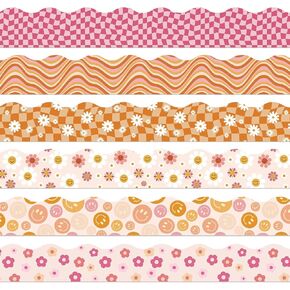 82ft Boho Bulletin Board Borders,Retro Groovy Scalloped Self-Adhesive Trim Border Smiley Face Daisy Checkered for Classroom Home and Office Boho Decorations,72Pcs in Saudi Arabia