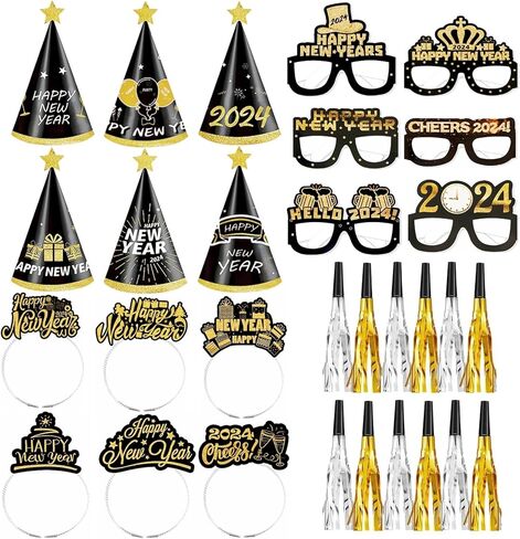 42 قطعة من لوازم حفلات ليلة رأس السنة 2024 - تتضمن حزمة ديكورات السنة الجديدة السعيدة 6 تيجان للرأس و6 قبعات مخروطية و12 نفخة و18 نظارة رأس السنة الجديدة لهدايا حفلات رأس السنة الجديدة in Kuwait