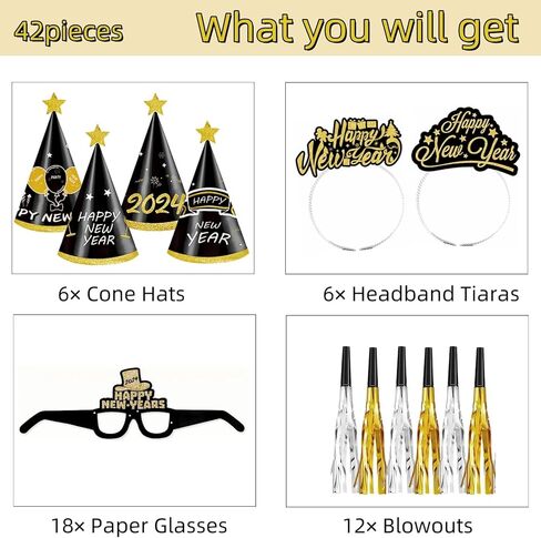 42 قطعة من لوازم حفلات ليلة رأس السنة 2024 - تتضمن حزمة ديكورات السنة الجديدة السعيدة 6 تيجان للرأس و6 قبعات مخروطية و12 نفخة و18 نظارة رأس السنة الجديدة لهدايا حفلات رأس السنة الجديدة in Kuwait