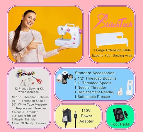 آلة خياطة منزلية متعددة الوظائف وسهلة الحمل والنقل من ستيتش تك مع طاولة تطويل و16 غرزة مدمجة، و42 قطعة طقم خياطة in Kuwait