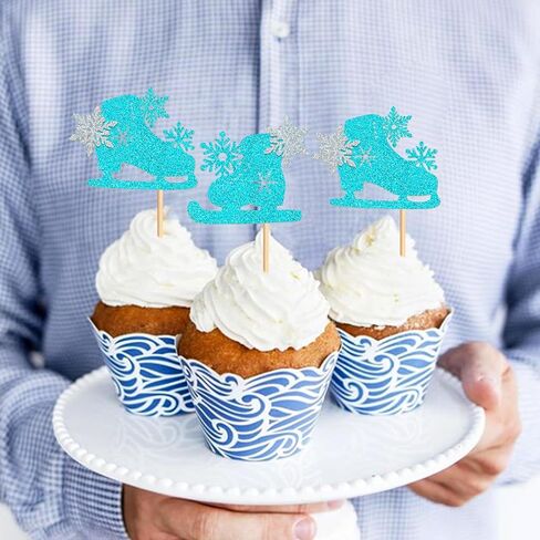 24 Pack Ice Skating Cupcake Topper Ice Sports Theme Cupcake Decoration Skating Children Boy Girl Happy Birthday Party Decorations Supplies Blue 2 in Kuwait