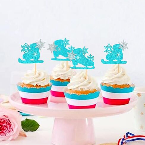 24 Pack Ice Skating Cupcake Topper Ice Sports Theme Cupcake Decoration Skating Children Boy Girl Happy Birthday Party Decorations Supplies Blue 2 in Kuwait