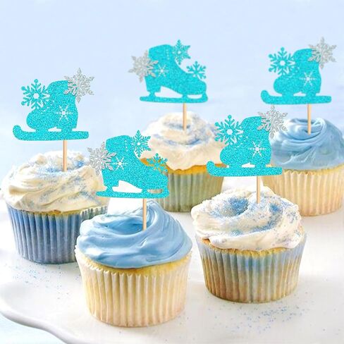 24 Pack Ice Skating Cupcake Topper Ice Sports Theme Cupcake Decoration Skating Children Boy Girl Happy Birthday Party Decorations Supplies Blue 2 in Kuwait
