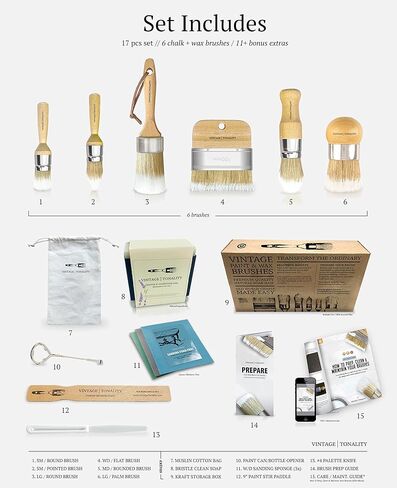مجموعة فرشاة طلاء الشمع بالطباشير العتيقة | طلاء الأثاث أو تشميعه | 6 فرش + 11 أداة وإضافات | مشاريع إعادة تصميم ديكور المنزل الكبيرة والصغيرة | شعيرات طبيعية كثيفة in Kuwait