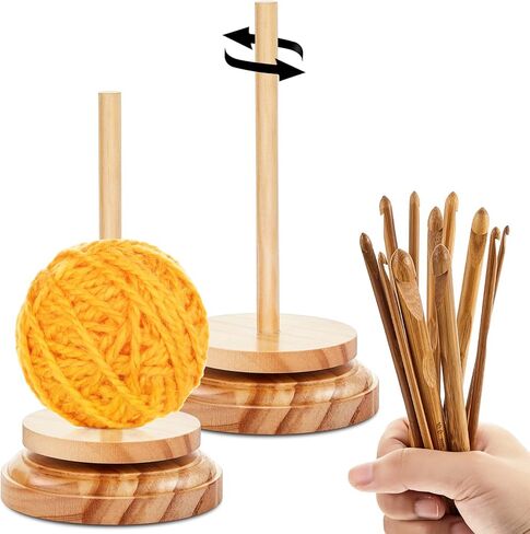 2 Pcs Wood Yarn Holder with 12 Bamboo Crochet Hooks Wooden Yarn Holder with Twirling Mechanism Wooden Rotating Yarn Crochet Needles for Knitting Crocheting DIY Crafts Gifts (Red Brown) in Kuwait
