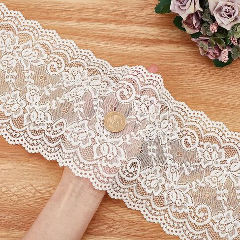 GORGECRAFT 5 Yards Wide Elastic Lace Fabric 4in Wide Floral Lace Ribbon Stretch Tulle Webbing Fabric Trim Lace for DIY Sewing Making Craft Clothes Accessories Gift Wrapping Wedding Party Decoration in Kuwait