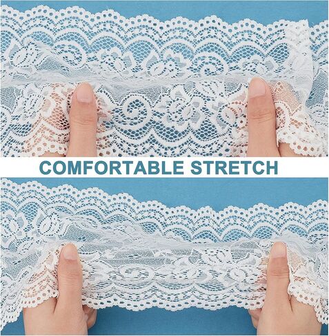 GORGECRAFT 5 Yards Wide Elastic Lace Fabric 4in Wide Floral Lace Ribbon Stretch Tulle Webbing Fabric Trim Lace for DIY Sewing Making Craft Clothes Accessories Gift Wrapping Wedding Party Decoration in Kuwait