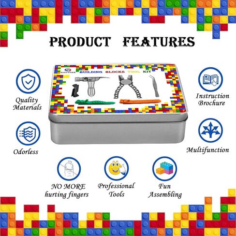 مجموعة أدوات بناء الكتل من SIOYTOER، أدوات فصل الطوب المتوافقة مع مجموعة أدوات الكتل الصغيرة من Lego & Technic، متعددة الوظائف، كماشة مطرقة، وملاقط، وحاميات الأصابع مع صندوق قصدير (أزرق) in Kuwait
