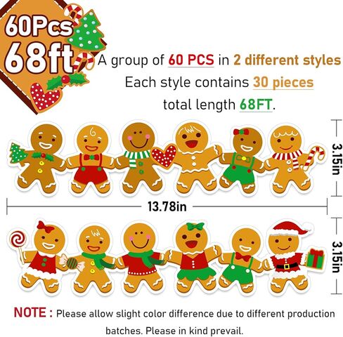ملصقات حوت عيد الميلاد 68 قدم من ملصقات حروف الزنجبيل بحواف تزيين عيد الميلاد ذاتية اللصق لتزيين الحدود عيد الميلاد ملصقات لتسمية الحاوية للفصل الدراسي السبورة مكتب المدرسة ، 60 قطعة in Kuwait
