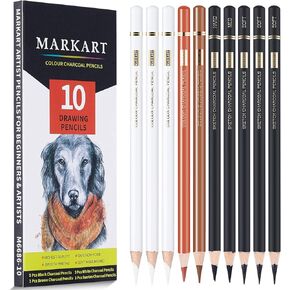 MARKART Professional Colored Charcoal Pencils Drawing Set, 10 Pieces Black White Charcoal Pencils for Sketching, Shading, Blending, Pastel Chalk Pencils for Beginners & Artists