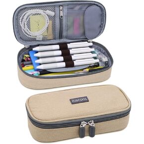 Aiscool Big Capacity Pencil Case Holder Canvas Bag Pen Organizer Pouch Stationery Box Oxford Cloth Large Storage for School Supplies School Office Stuff (Khaki) in Kuwait