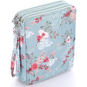 BTSKY Colored Pencil Case- 120 Slots Pencil Holder Pen Bag Large Capacity Pencil Organizer with Handle Strap Handy Colored Pencil Box with Printing Pattern (Light Blue Hummingbird)