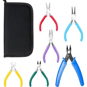 Swpeet 6Pcs 6 Types 4.5 Inch Jewelry Pliers Set, Colorful Jewelry Making Tools Needle Nose Pliers Round Nose Pliers Wire Cutters, Crimping Pliers Bent Nippers End Nippers for Jewelry Making Supplies
