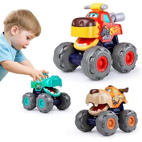 Toy Cars For 1 2 3 Year Old 3 Pack Monster truck Toy Push & Go Crocodile Friction Powered Bull Pull Back Leopard Car Big Wheel Animal Car Baby Toy Gift For 12 18 Month Boys Girls Toddlers