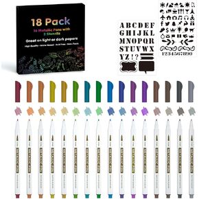 30 Pack Metallic Marker Pens, Lineon 24 Colors Fine Tip Paint Pens with 6 Stencils for DIY Craft Photo Album Rock Art Painting Card Making Glass Wood