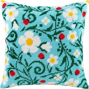 Brvsk Summer Needlepoint Kit for Adults and Beginners — Strawberry and Ladybugs 16″ × 16″ with Clear, Precise Printed Design on Cotton Canvas; Includes 2 Needles, Yarn, and Easy-Read Chart