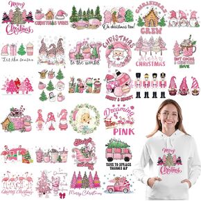 Whaline 30 Sheet Christmas Pink Iron On Transfers Patches Xmas Tree Gnome Heat Transfer Iron Patches Merry Christmas Heat Transfer Stickers for DIY Art Craft Clothing Fabric Decor