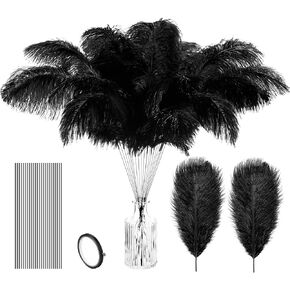 Lyrow 25 Pcs Ostrich Feathers Bulk Plumes 10-12 Inch (25-30 cm) Include 12 Pcs Natural Feathers for Vase 12 Pcs Sticks and Tape for DIY Crafts Wedding Masquerade Party Centerpiece Decorations (White)