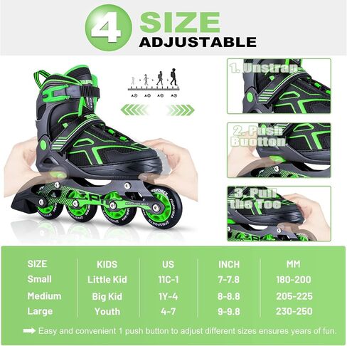 2PM SPORTS Torinx Green Boys زلاجات مضمنة قابلة للتعديل، زلاجات دوارة ممتعة للمبتدئين للأطفال والشباب والفتيات والرجال والنساء in Kuwait