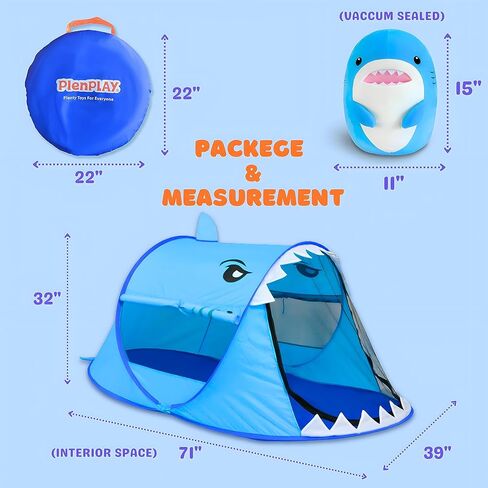 PlenPLAY Shark Adventure Pop up Kids Play Tent with Sharkun Plushie - Large Kids Play Tent Indoor Outdoor Shark Play Tent with 2 Mesh Roll up Windows (Limited Bundle with 15“ Sharkun Plushie) in Kuwait