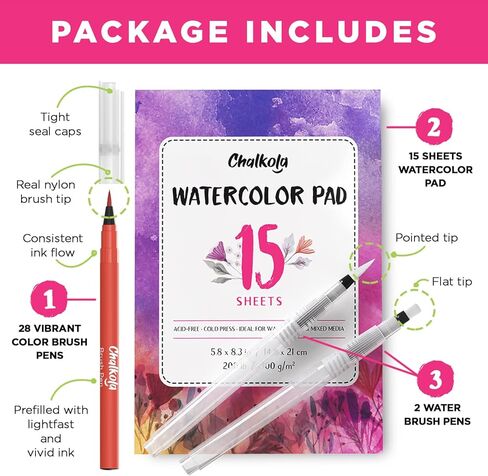 Chalkola Watercolor Paint Set for Adults, Kids, Beginner & Professional Artists - 36 Watercolor Tubes Set (12ml, 0.4oz), 10 Painting Brushes & 1 Palette | Vibrant Water Color Art Painting Supplies in Kuwait
