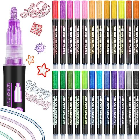 Super Squiggles Outline Markers Self-Outline Metallic Markers Glitter Doodle Drawing Double Line Shimmer Marker Pens (12 Color) in Kuwait